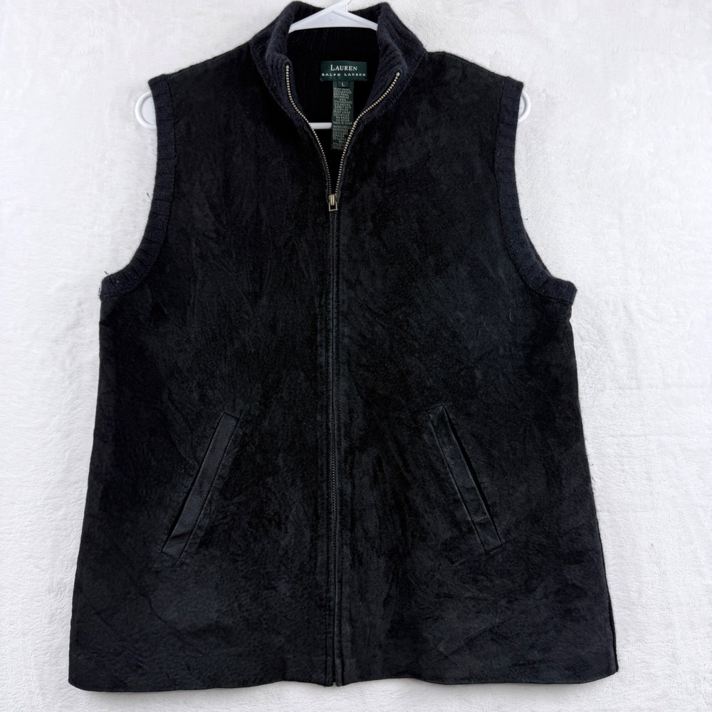 Lauren‎ Ralph Lauren Suede Front Sweater Vest Luxury Ribbed Knit Black Large